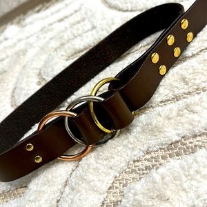 Genuine brown leather belt with copper, silver, gold circle buckle design Small